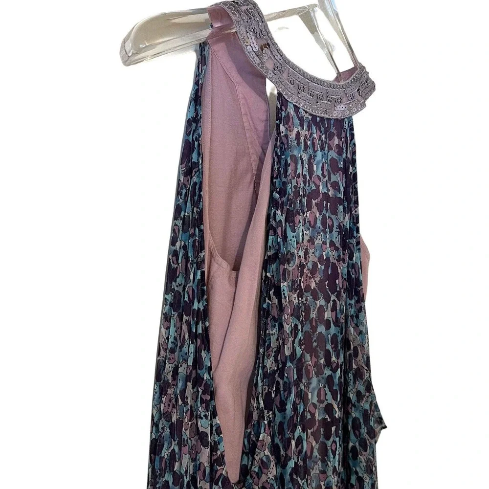 🌵 Free People Purple Blue Silver Sequins Neckline Flowy Dress with Under Dress